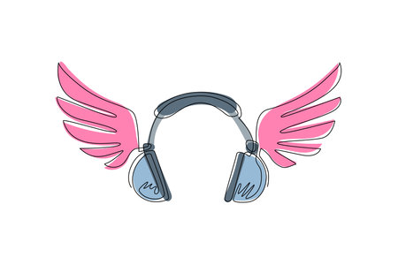Single one line drawing headphones with wings symbol. Pictograph of headphone wings music for template flat logo, icon, and identity. Modern continuous line draw design graphic vector illustrationのイラスト素材