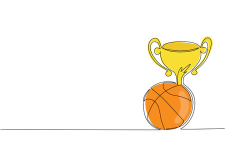 Single one line drawing trophy and basketball ball. Champion cup icon with basketball. Championship trophy. Sport tournament award, winner cup and victory concept. Continuous line draw design vectorのイラスト素材