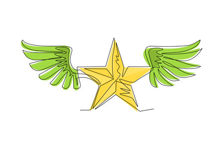 Continuous one line drawing winged ancient pentagonal star emblem, the best. Heraldic design element decoration, premium symbol. Retro style label, heraldry logo. Single line draw vector illustrationのイラスト素材