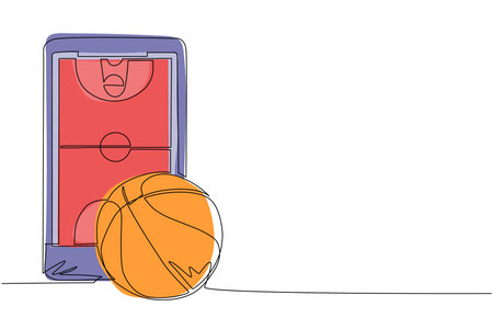 Continuous one line drawing smartphone with app basketball court and ball. Online basketball games. Smartphone applications. Mobile basketball. Single line draw design vector graphic illustrationのイラスト素材