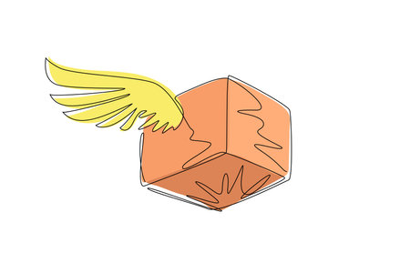 Continuous one line drawing parcel with wings symbol logo, transportation, fast delivery, box, package. Isolated icon suitable for website, interface, apps. Single line draw design vector illustrationのイラスト素材