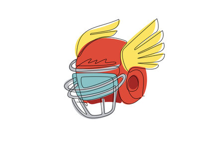Continuous one line drawing american football helmet with wings. Competitive sport. Design element for logo, label, emblem, sign, poster, t-shirt. Single line draw design vector graphic illustrationのイラスト素材