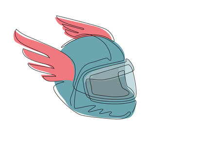 Single continuous line drawing motorbike, racing helmet with wings icon. Motorcycle race, motocross or biker club, motorsport competition with winged helmet. One line draw design vector illustrationのイラスト素材