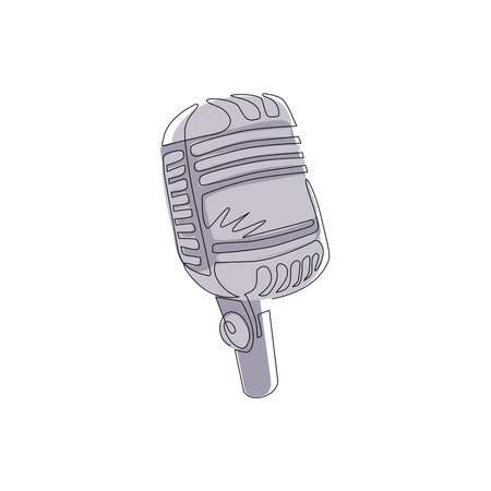 Single continuous line drawing retro vintage microphone vector on white background. Mic silhouette. Music, voice, record icon logo. Recording studio symbol. One line draw design vector illustrationのイラスト素材