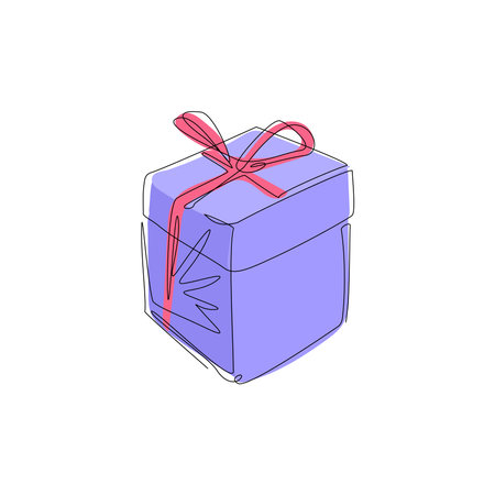 Single continuous line drawing gift box with ribbon icon. Birthday celebration. Surprise gift box, special give away package, loyalty program reward. One line draw graphic design vector illustrationのイラスト素材