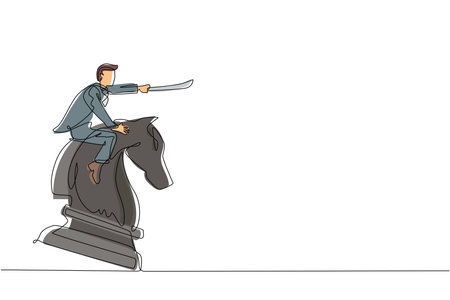 Single one line drawing businessman riding big chess horse knight with sword. Strategy, business, competition, achievement goal concept. Modern continuous line draw design graphic vector illustrationのイラスト素材
