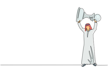 Single continuous line drawing Arabian businessman holding, lifting pawn chess piece. Successful entrepreneurship tactics or strategy, superiority in business. One line draw design vector illustrationのイラスト素材