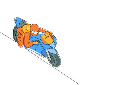 Single one line drawing biker wearing helmet, riding motorcycle in asphalt road. Young man in racer overalls and helmet sitting on sports bike. Continuous line draw design graphic vector illustrationのイラスト素材