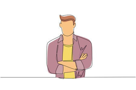 Single continuous line drawing smiling confident young man in shirt, keeping arms crossed. Active businessman standing with folded arms pose. Dynamic one line draw graphic design vector illustrationのイラスト素材