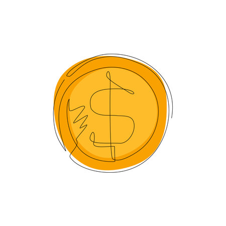 Single one line drawing coin flat icon. Dollar coin. Coin with dollar sign. Money symbol. American currency. Saving investment concept. Modern continuous line draw design graphic vector illustrationのイラスト素材