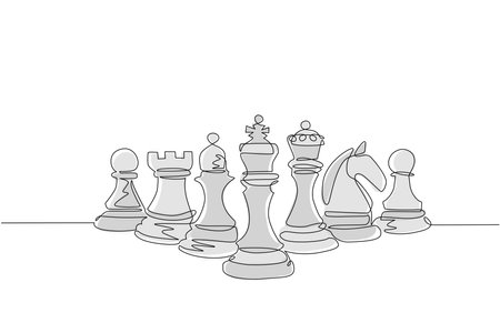 Single one line drawing chess pieces aligned, luxury hand drawn or engraving. King, Queen, Bishop, Knight, Rook, Pawn. Leader success concept. Continuous line draw design graphic vector illustrationのイラスト素材