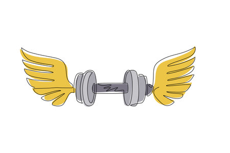 Single one line drawing winged graphic sign created with disc weight dumbbell sport equipment. Sport emblem for weightlifting gym and fitness club. Continuous line draw design vector illustrationのイラスト素材