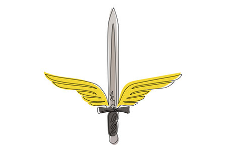 Single continuous line drawing sword wings icon template. Black and white winged sword logo with elegant outspread wings and feathers for logo design. Dynamic one line draw graphic vector illustrationのイラスト素材