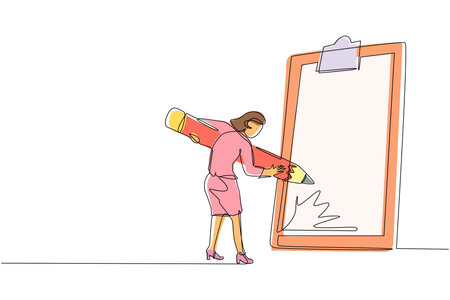 Continuous one line drawing businesswoman mark checklist with pencil. Person completion business task. Goal achievements planning schedule concept. Single line draw design vector graphic illustrationのイラスト素材