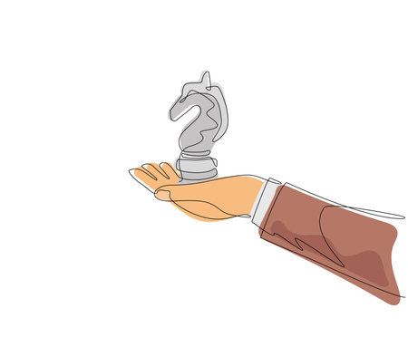 Continuous one line drawing hand holding knight chess figure. Business strategy management. Partnership offer. Sport, competition, competitive, strategic move. Single line draw design vector graphicのイラスト素材
