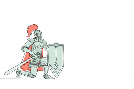 Single one line drawing medieval warrior kneeling and swearing allegiance. Knight in armor holding sword, shield, and giving oath on his knee. Continuous line draw design graphic vector illustrationのイラスト素材