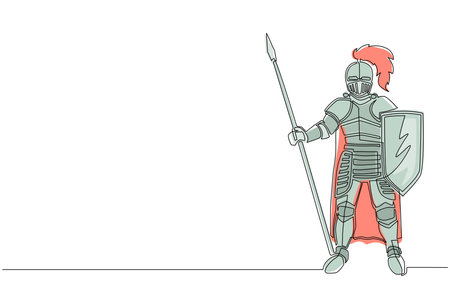Single continuous line drawing full body armor suit, European medieval knight character with shield and spear, isolated on white background. Dynamic one line draw graphic design vector illustrationのイラスト素材