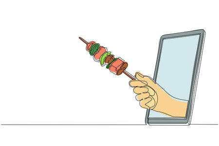 Single continuous line drawing hand holding kebab through mobile phone. Concept of restaurant order delivery online food. Application for smartphones. One line draw graphic design vector illustrationのイラスト素材