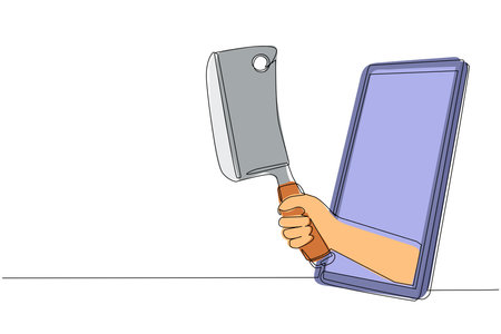 Single one line drawing hand hold meat kitchen cleaver, butcher knife through mobile phone. Mobile cooking games, entertainment app for smartphones. Continuous line draw design vector illustrationのイラスト素材