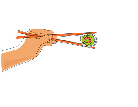Single one line drawing hand holding Japanese, Chinese, Asian sushi, roll with pair of wooden chopsticks. Hand with chopsticks and sushi, roll with salmon. Modern continuous line draw design vectorのイラスト素材