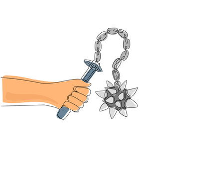 Continuous one line drawing hand holding flail with spiked ball. Medieval weapon - spiked metal ball with chain and wooden handle. Knight equipment icon. Single line draw design vector illustrationのイラスト素材