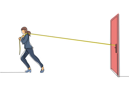 Single continuous line drawing businesswoman trying hard to pulling rope to drag heavy door frame,...