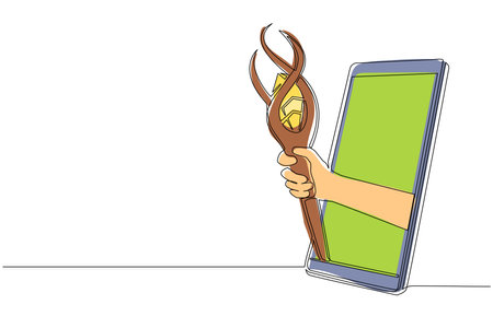 Continuous one line drawing hand holding wizards magic staff through mobile phone. Concept of mobile games, e-sport, entertainment application for smartphones. Single line draw design vector graphicのイラスト素材