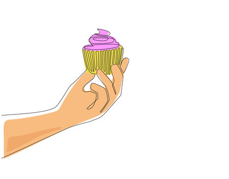 Continuous one line drawing hand holding cupcake. Birthday cake in party. Holiday celebration concept. Surprise and joyful with sweet whipped cream baked. Single line draw design vector illustrationのイラスト素材