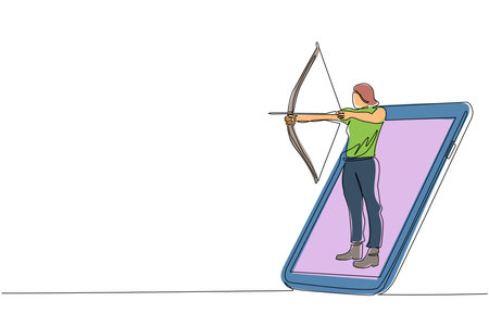 Single continuous line drawing woman with bow and arrow getting out of smartphone screen. Mobile sports play matches. Online archery game with live mobile app. One line draw design vector illustrationのイラスト素材
