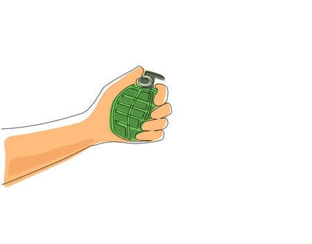Single one line drawing hand holding grenade. Army explosive weapon equipment symbol icon isolated. Offensive individual soldier weapon. Modern continuous line draw design graphic vector illustrationのイラスト素材