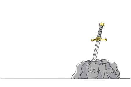 Continuous one line drawing Excalibur sword stuck or trapped in stone. Iconic scene from medieval European stories about King Arthur. Antique blade stuck in stone rock. Single line draw design vectorのイラスト素材