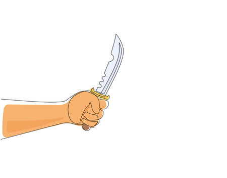 Continuous one line drawing hand holding military knife. Fighting knife designed solely for military use, primarily intended for hand-to-hand or close combat fighting. Single line draw design vectorのイラスト素材