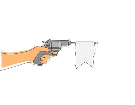 Continuous one line drawing hand holding shooting toy gun pistol with empty flag. Weapon pistol toy isolated. Element of joke surprise day icon. Single line draw design vector graphic illustrationのイラスト素材
