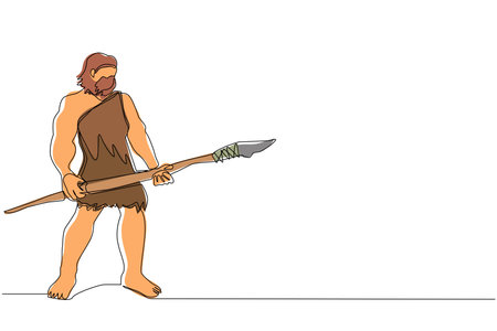 Continuous one line drawing caveman standing and holding big stone spear. Prehistoric bearded man dressed in animal pelt. Neanderthal hunter. Ancient homosapien. Single line draw design vector graphicのイラスト素材