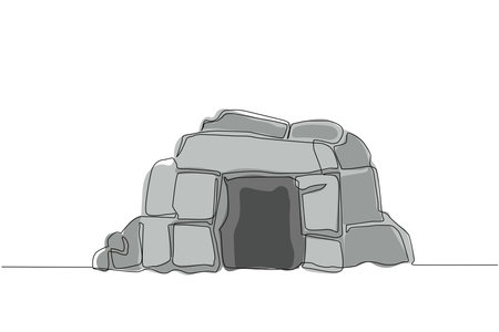 Continuous one line drawing prehistoric stone cave entrance sketch on isolated white background. Stone cave entrance flat composition icon symbol. Single line draw design vector graphic illustrationのイラスト素材