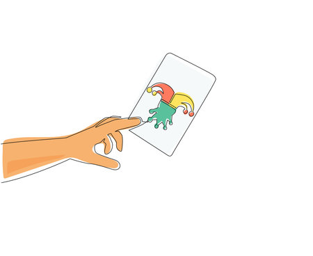 Continuous one line drawing hand holding joker card, poker playing card concept. Man hand holding Joker playing card. Game retro. Vintage engraving stylized drawing. Single line draw design vectorのイラスト素材