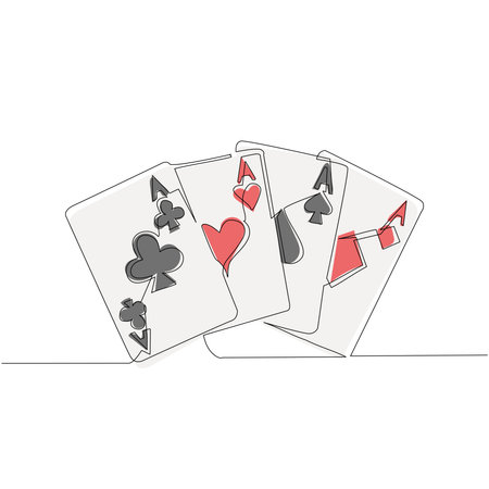 Single one line drawing set of four aces playing cards suits. Winning poker hand. Set of hearts,...