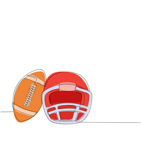 Single continuous line drawing American football helmet and ball isolated on white background. Athletic equipment, healthy lifestyle, fitness activity. One line draw graphic design vector illustrationのイラスト素材