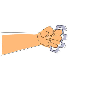 Continuous one line drawing hand with brass knuckles. Vintage retro woodcut criminal brass knuckle weapon. Can be used like emblem, logo, badge. Single line draw design vector graphic illustrationのイラスト素材