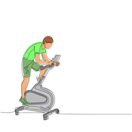 Single one line drawing man doing cardio. Stationary bike. Spinning exercise. Young man doing routine exercise at home using static bike. Modern continuous line draw design graphic vector illustrationのイラスト素材