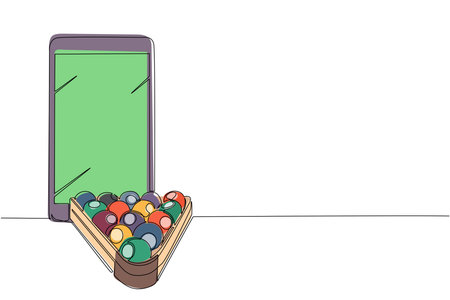 Single continuous line drawing smartphone and billiards balls in triangle. Snooker balls with...