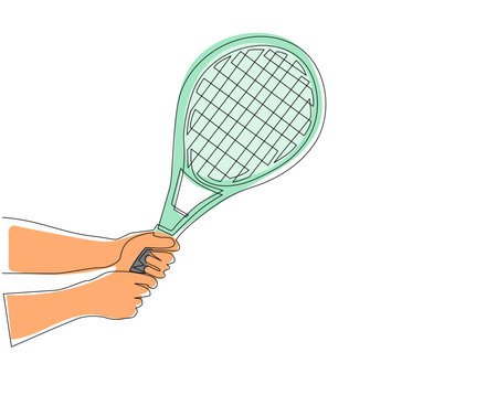 Single one line drawing player hand holding tennis racket. Sport equipment tennis racquets. Sporting goods for championship. Outdoors summer activity. Modern continuous line draw design graphic vectorのイラスト素材
