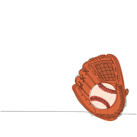Continuous one line drawing baseball tournament flyer, poster template. Baseball leather glove, ball for championship promotion. Team sport league banner. Single line draw design vector illustrationのイラスト素材