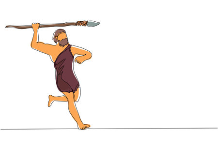 Single continuous line drawing primitive person hunts animal. Stone age hunter, man hunting an ancient animal with stone spear, caveman of prehistoric period with weapon. One line draw design vectorのイラスト素材