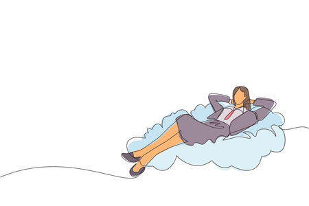 Single one line drawing relaxed and successful happy young businesswoman relaxing laying on clouds. Break, vacation, coffee time and relaxation. Continuous line draw design graphic vector illustrationのイラスト素材