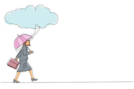Continuous one line drawing businesswoman with briefcase and umbrella stand under rain cloud. Depression, passerby at rainy weather. Drenched woman, water pour from sky. Single line draw design vectorのイラスト素材