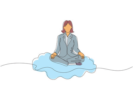Continuous one line drawing office worker or businesswoman relaxes, meditates in lotus position on clouds. Cheerful woman relaxing with yoga or meditation pose. Single line draw design vector graphicのイラスト素材