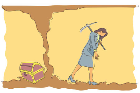 Continuous one line drawing Arab businessman give up before reach money and treasure. Worker gives up digging not knowing treasure chest is almost revealed. Single line draw design vector illustrationのイラスト素材