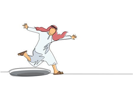 Continuous one line drawing Arabian businessman jumping through the hole, metaphor to facing big problem. Business struggles. Strength for success. Single line draw design vector graphic illustrationのイラスト素材