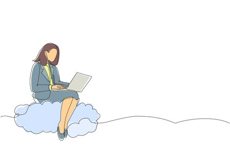 Single continuous line drawing businesswoman sitting on cloud in sky and working with laptop. Wireless connection. Social networking, chatting using cloud storage. One line draw graphic design vectorのイラスト素材